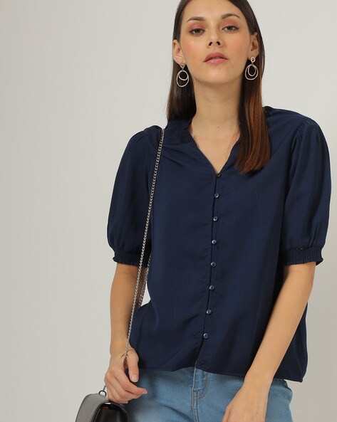 Women Button-Down Navy Blue Top