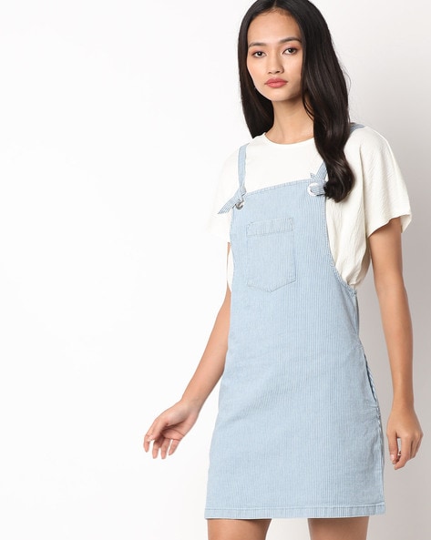 Striped Dungaree Dress with Slip Pockets