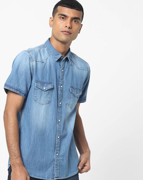 Men's Short Sleeve Western Denim Shirt in Medium Wash