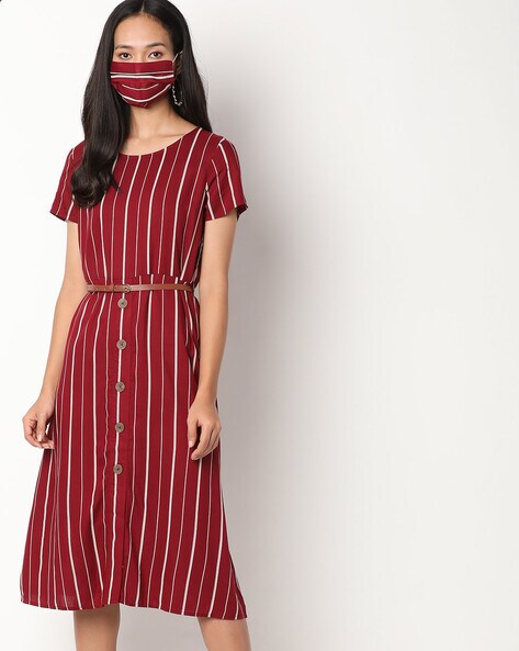 Striped A-line Dress with Face Mask