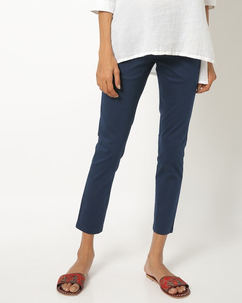 Buy Ink Blue Solid Slim Pants Online  W for Woman