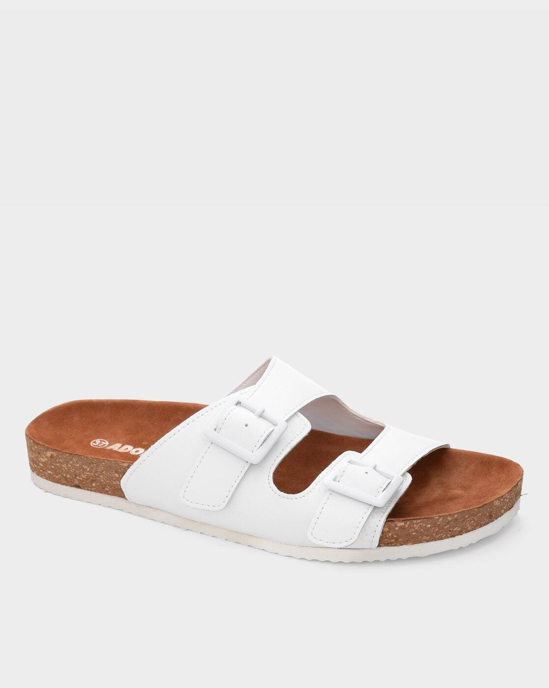 white flat slide sandals