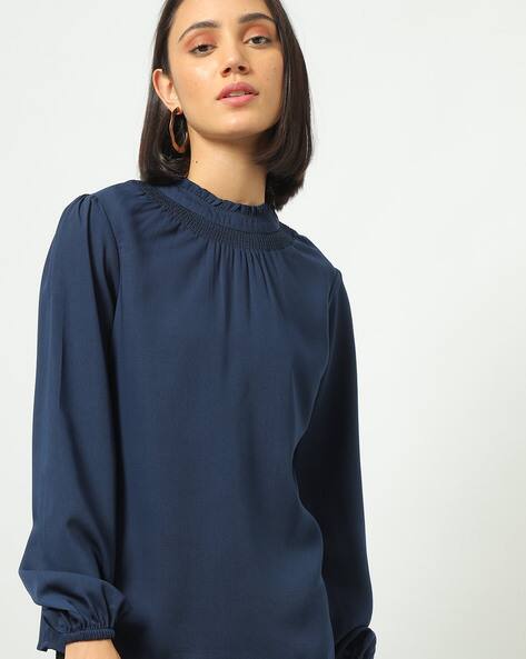 Women High-Neck Navy Blue Top
