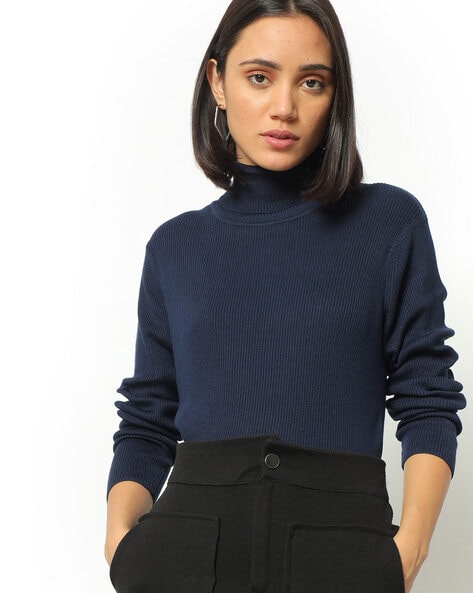 DNMX Navy Blue Ribbed Turtle-Neck Sweater
