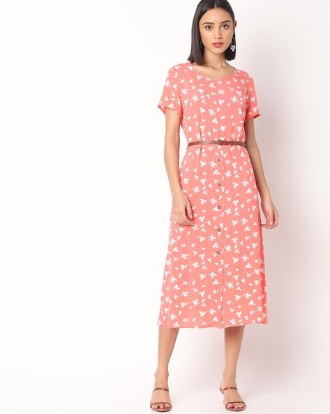 Floral Print A-line Dress with Belt