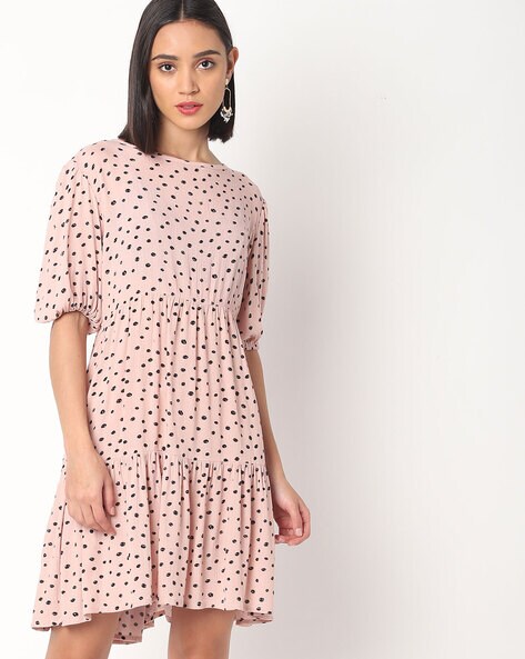 Printed Shift Dress with Puff Sleeves