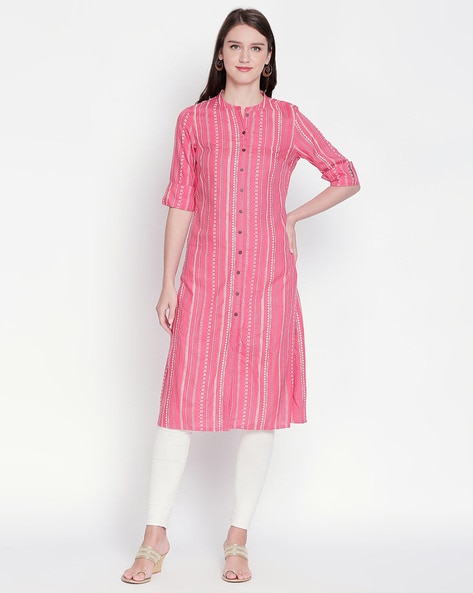 Striped Straight Kurta with Button Fastening