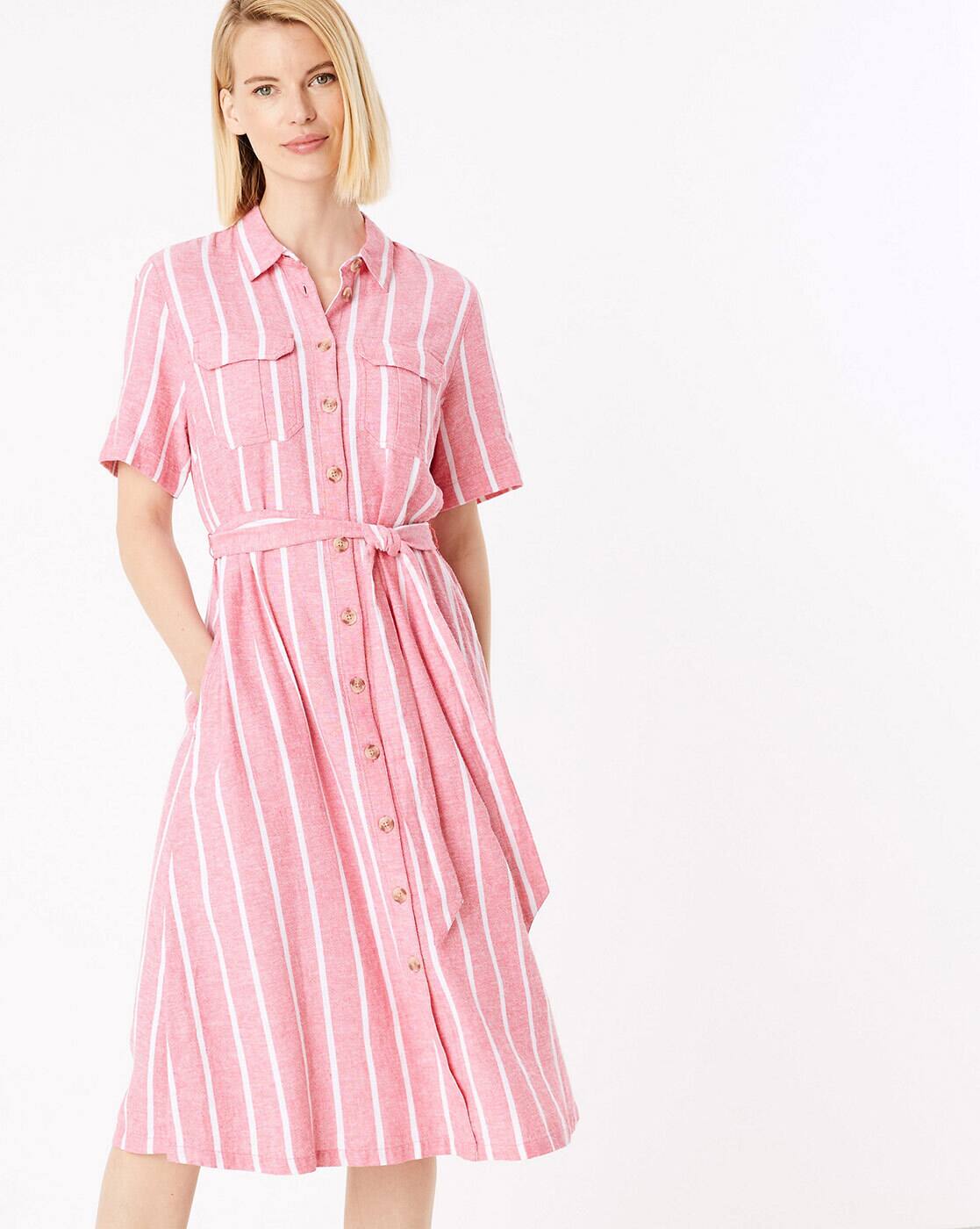 pink and white striped shirt dress