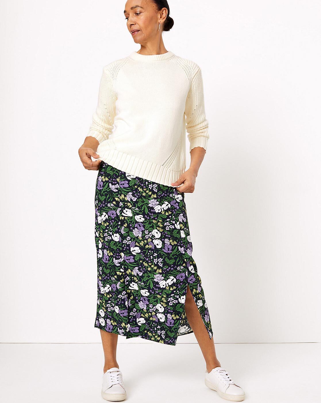 Navy Blue White Flower Print Mid Calf Length Women Panel Polyester skirt