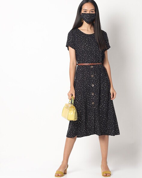 Printed A-line Dress with Face Mask