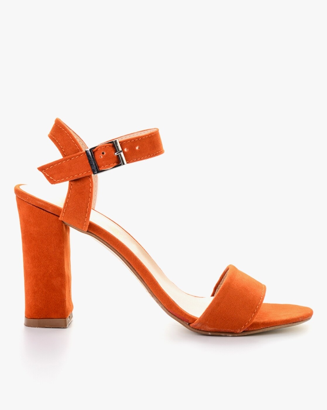 ASOS DESIGN Henning premium leather mid heeled sandals in orange | ASOS