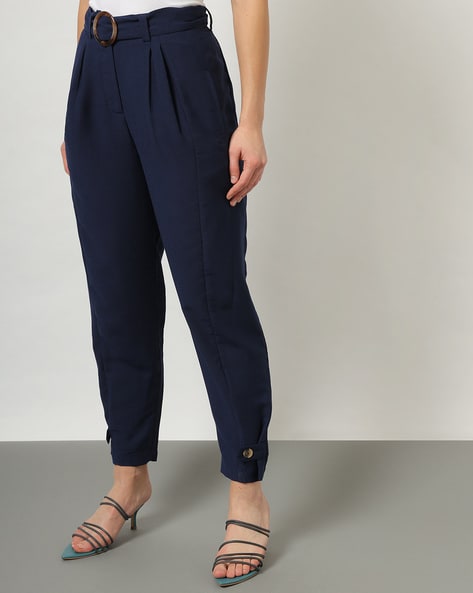Navy blue high waisted flat-front stretch Wide leg cropped Pants | Sumissura