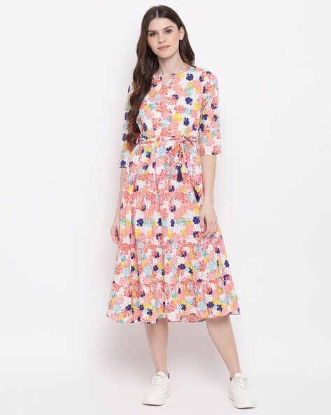 Floral Print 3/4th Sleeves Dress