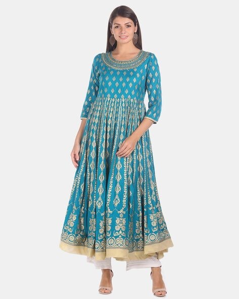 Printed Anarkali Kurta with Embroidered Neckline