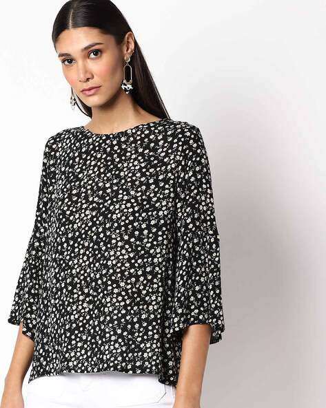 Ditsy Print Top with Bell Sleeves