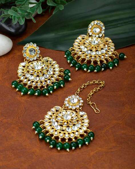 Women Drop Earrings Indian Wedding Party Wear Black Color Earrings Maang  Tikka Set