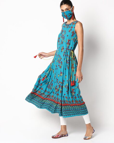 Geometric Print Flared Kurta with Side Tie-Ups - Price History