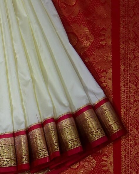 Floral Jaal Design Egg White Kanchipuram Silk Saree – Sundari Silks