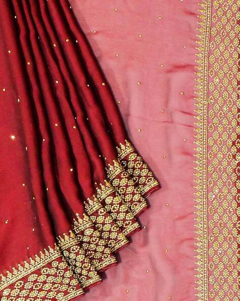 Vishal Prints Tan Satin Saree With Stone Work