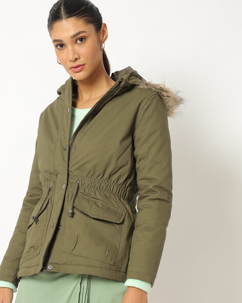 Olive Green Jackets Coats For, Fur Lined Hooded Coat Womens