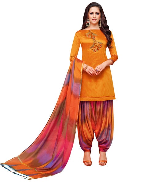 PISARA Orange Embroidered Unstitched Dress Material