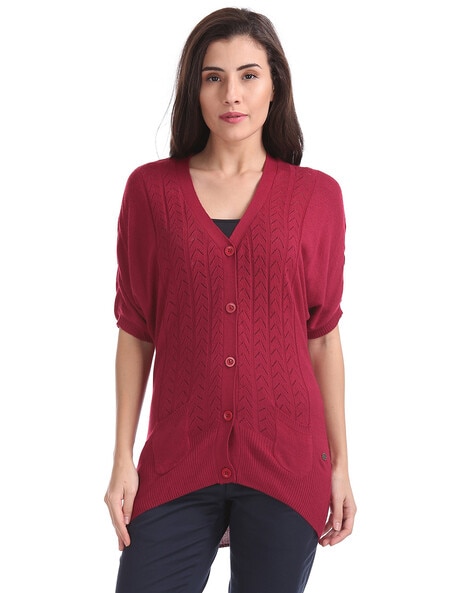 women's short sleeve red cardigan