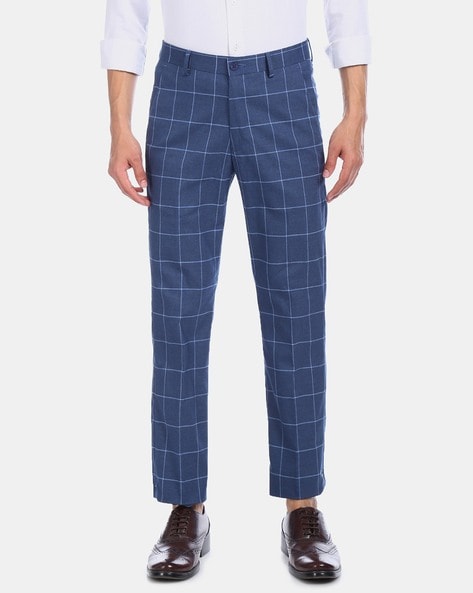 Checked Flat-Front Trousers with Insert Pockets