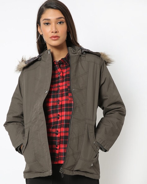 quilted utility puffer jacket for women