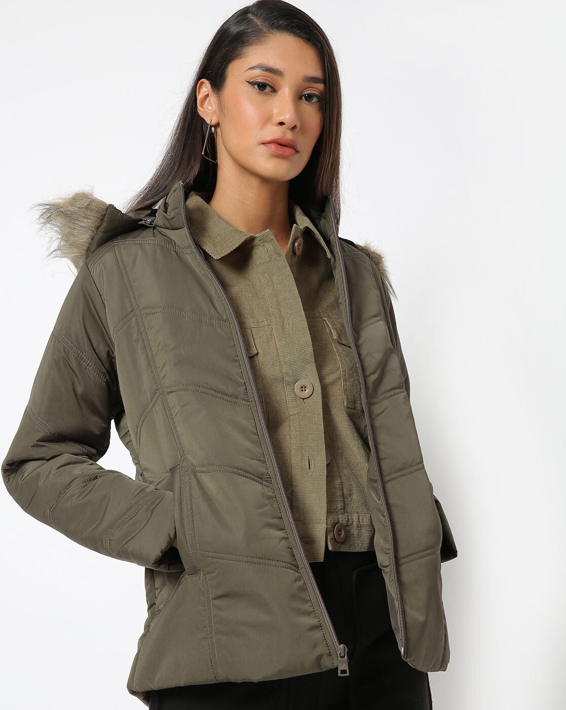 womens olive green puffer jacket