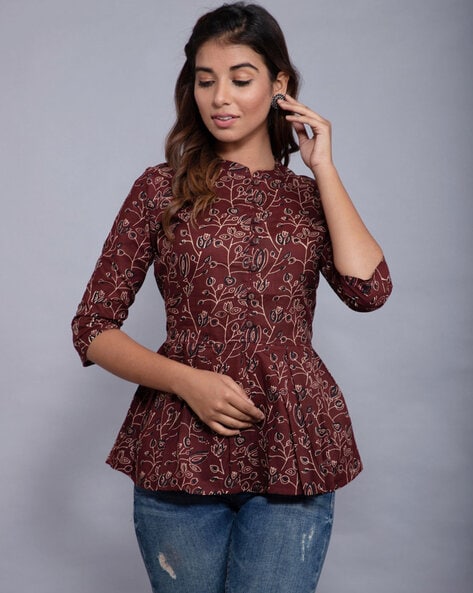 Mandarin Collar Top with Floral Detail