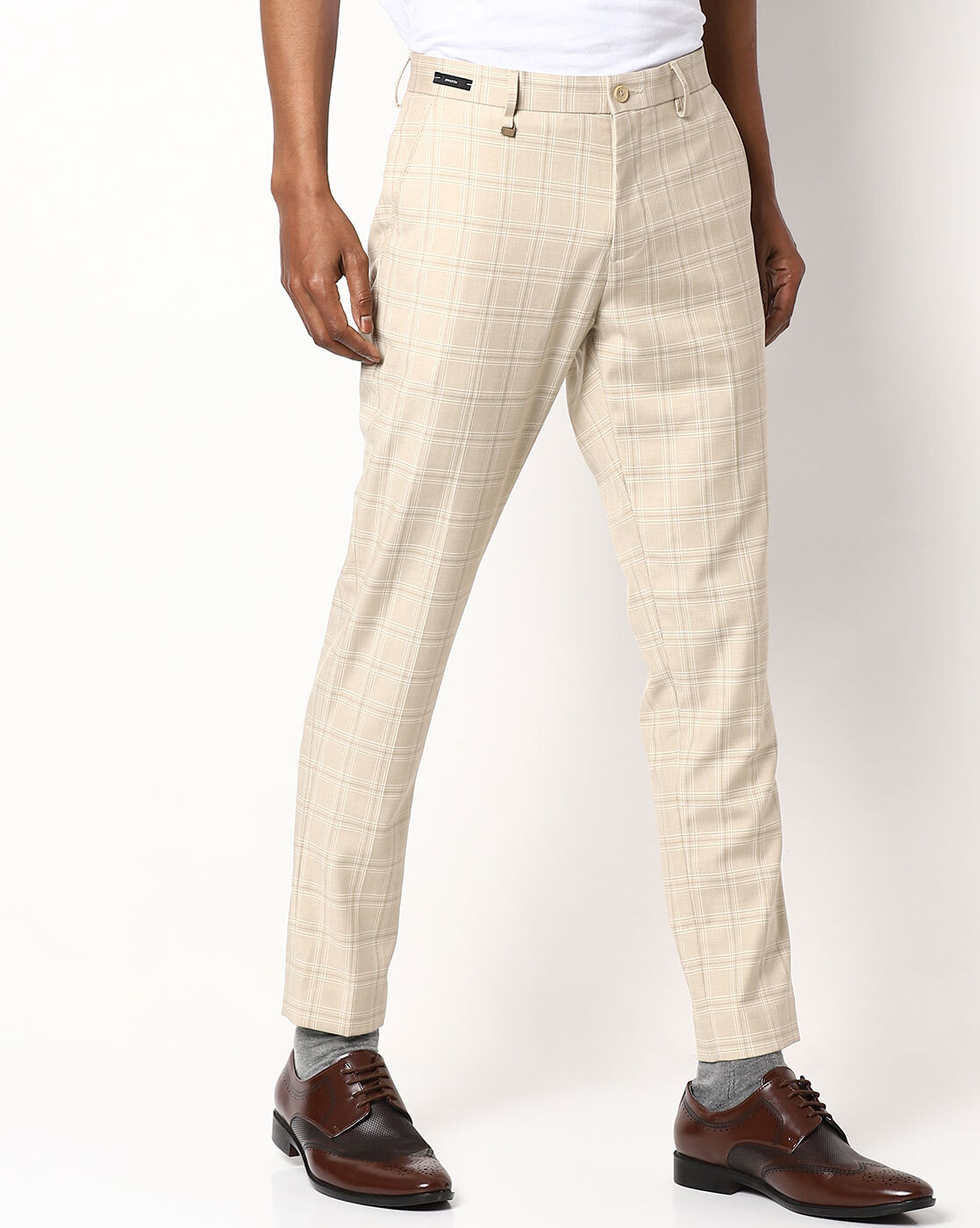 Indian Needle Men's Beige Cotton Checked Formal Trousers – Jompers