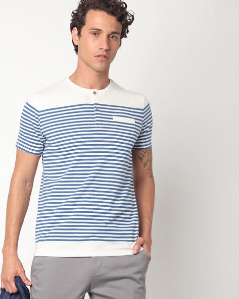 Colourblock Striped Henley T-shirt with Patch Pocket