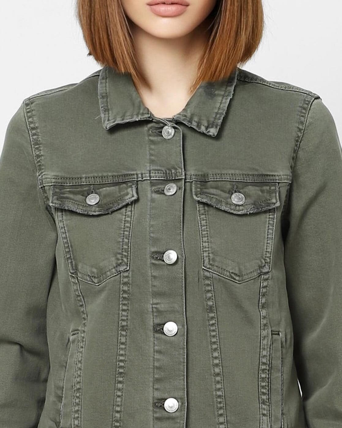 Buy Ameeha Women's Collared 3/4 Sleeves Regular Fit Solid Denim Jacket/Solid  Women Casual Jacket (Army Green) Online In India At Discounted Prices