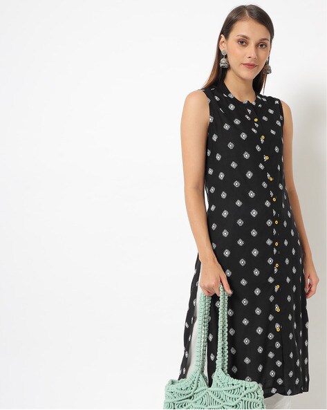 Sleeveless Geometric Print Straight Kurta