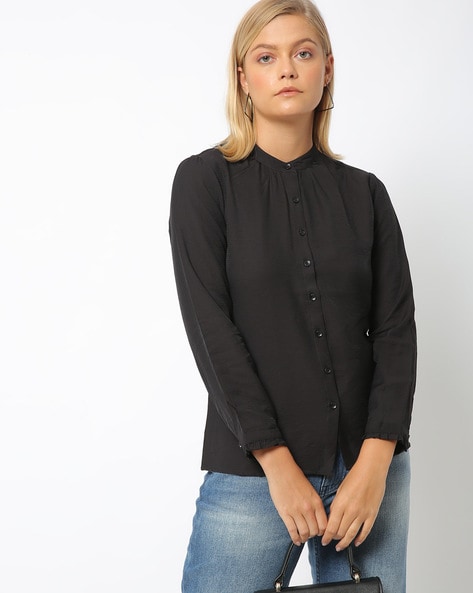 Recap Button-Down Top with Band Collar