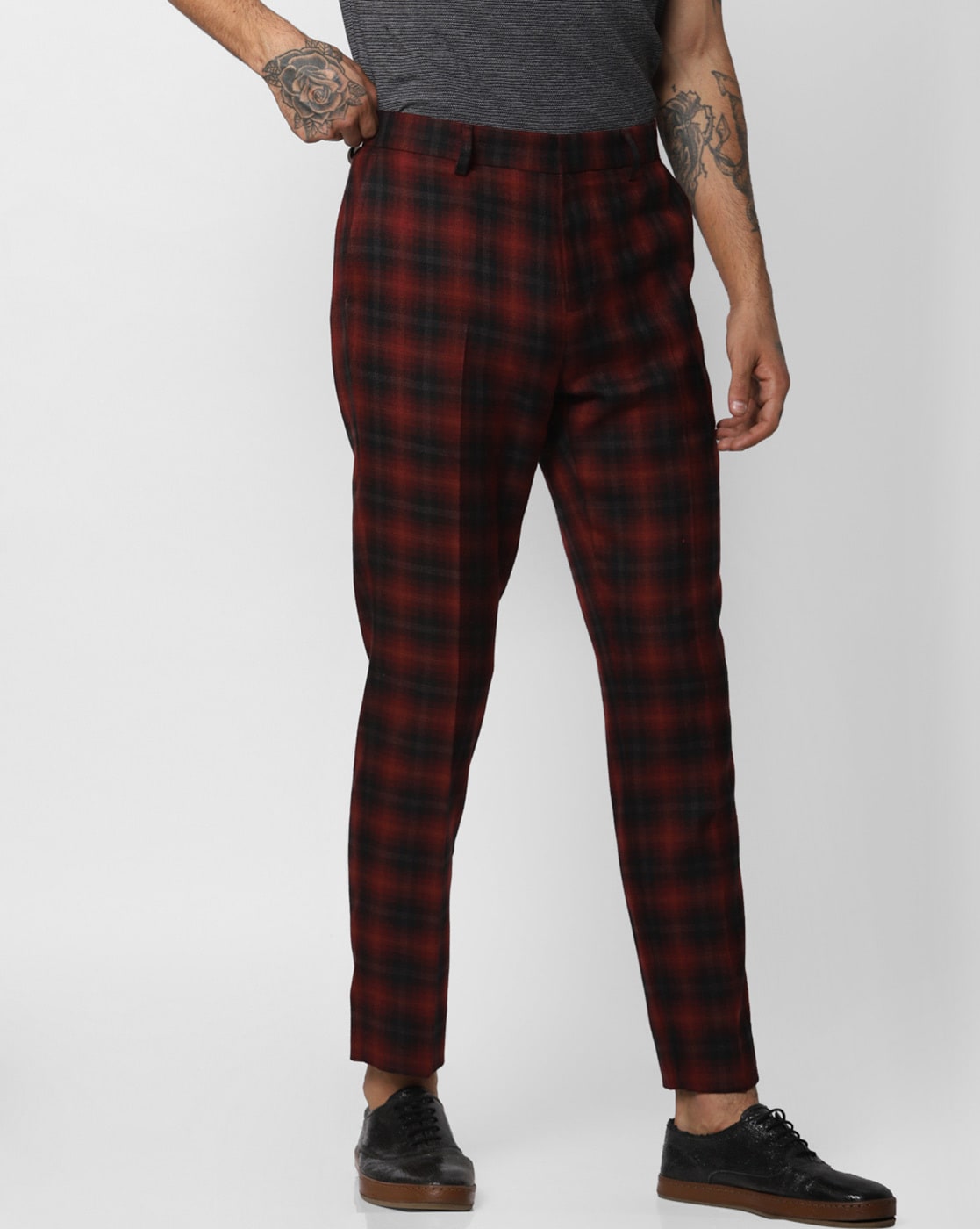 ASOS DESIGN Petite straight leg trouser in red tartan check | ASOS