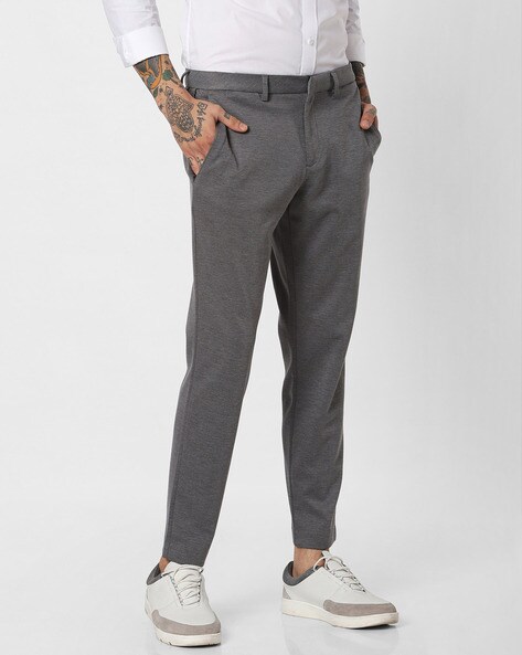 Buy Men Grey Mid Rise Slim Fit Trousers Online
