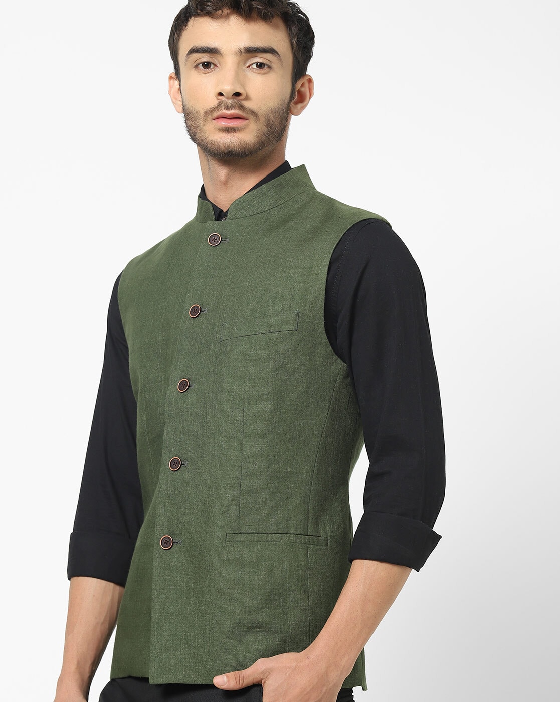 Men's Green Woven Design Nehru Jacket. – Jompers