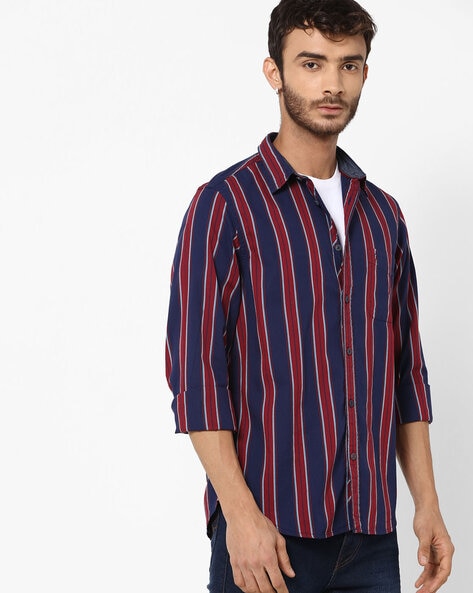 red and navy blue striped shirt