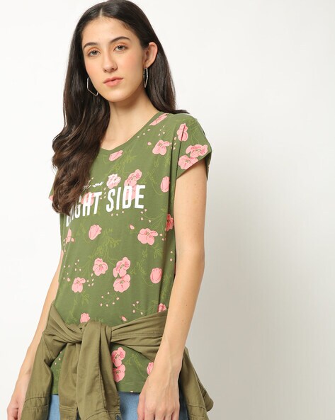 Floral Print Crew-Neck T-shirt with Typography