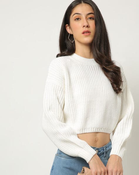 Knitted Crew-Neck Cropped Pullover