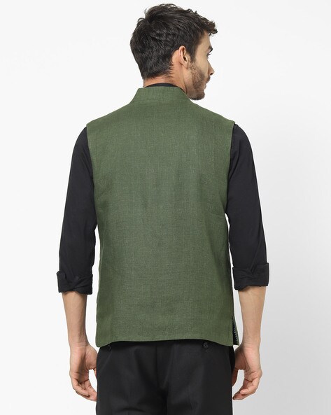 Embroidered Georgette Nehru Jacket in Dark Green : MXX121