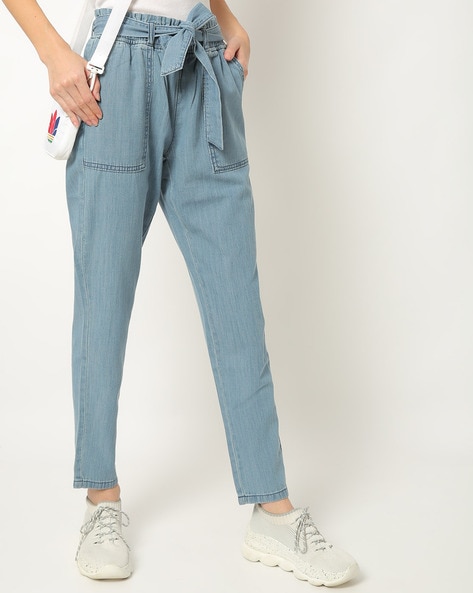Paperbag Waist Knotted Tapered Denim Pants – Styched Fashion