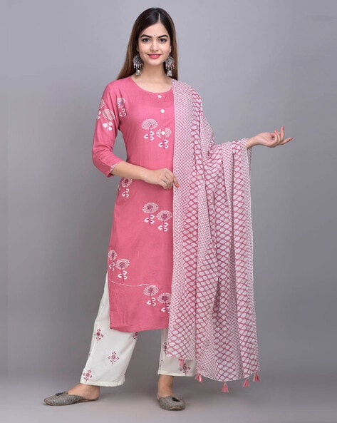 Straight Kurta Set with Floral Print 