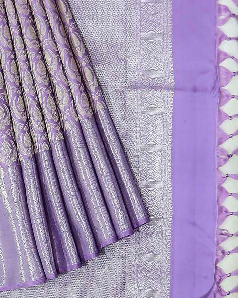 Luminous Dark Purple Banarasi Linen Saree with Silver Zari Border -  Loomfolks