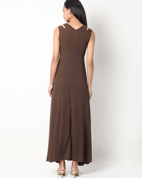 Women Crepe Coffee Colour A-Line Western Midi Dress with Strings -  Omnistyles Fashion