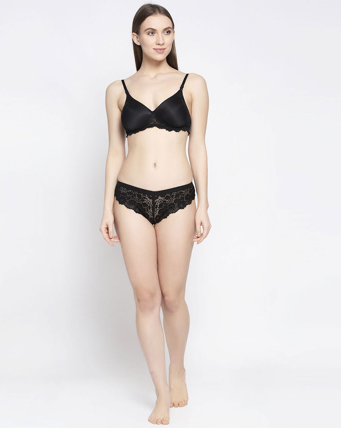 Buy PrettyCat Black Self Design Lace Bra & Panty Set For Women