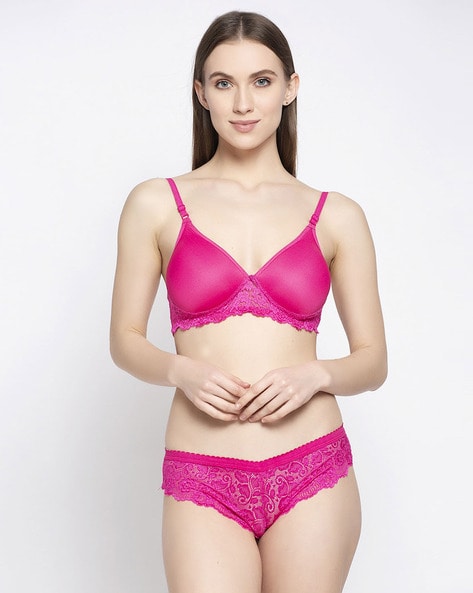 Buy Prettycat Lightly Padded Lace T-Shirt Bra Panty Lingerie Set - Pink  Online