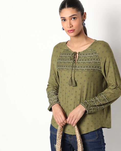 Printed Top with Tie-Up Neckline