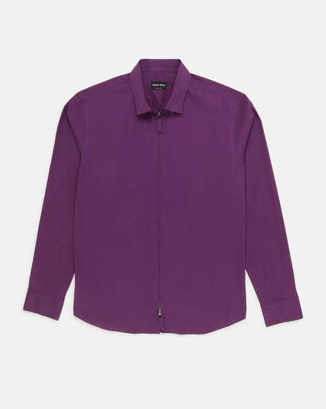 Buy GIORGIO ARMANI Slim Fit Cotton Shirt with Zip Purple Color